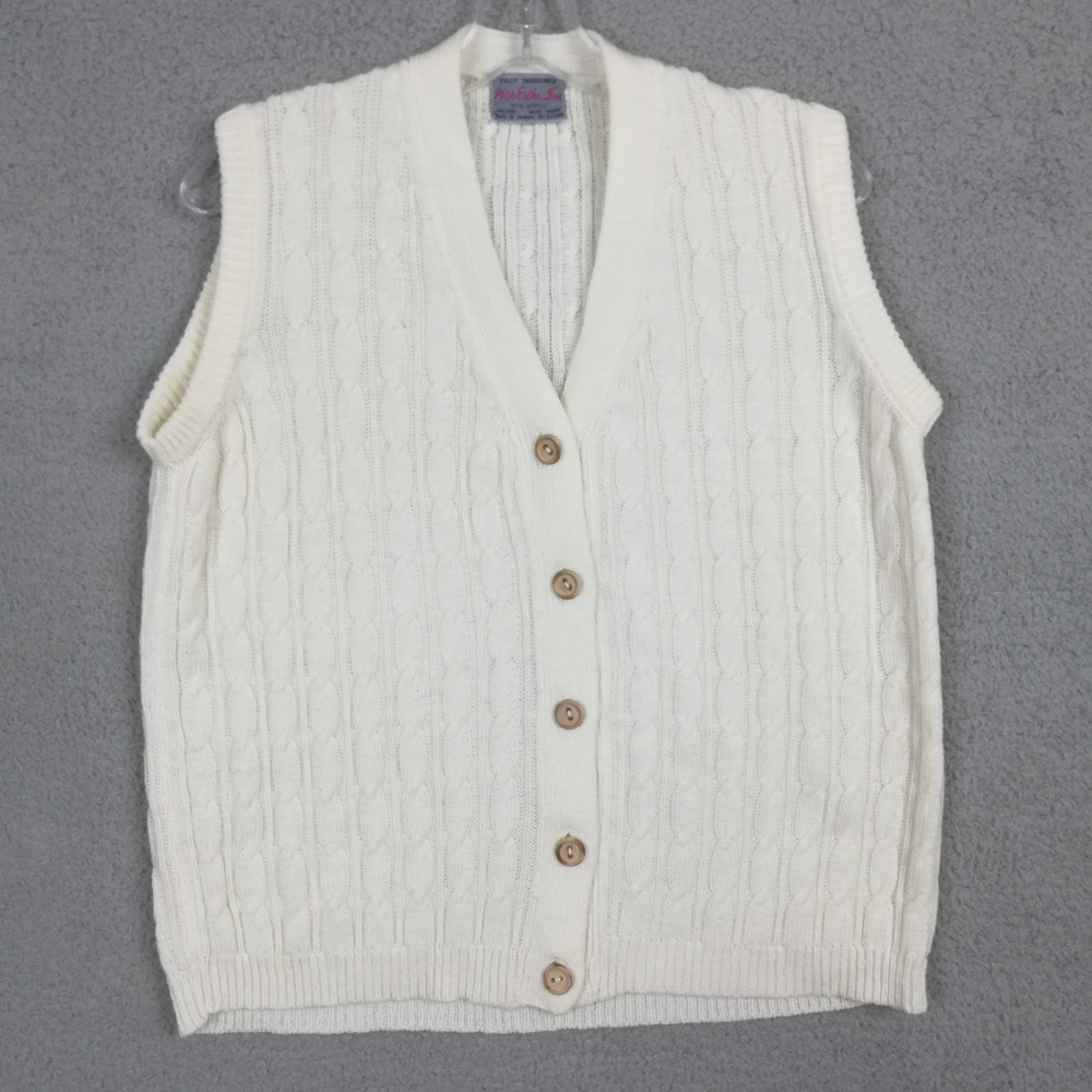 Miss Erika Inc Womens Sweater Vest Cable Knit Ivory Sleeveless Button‎ Front L